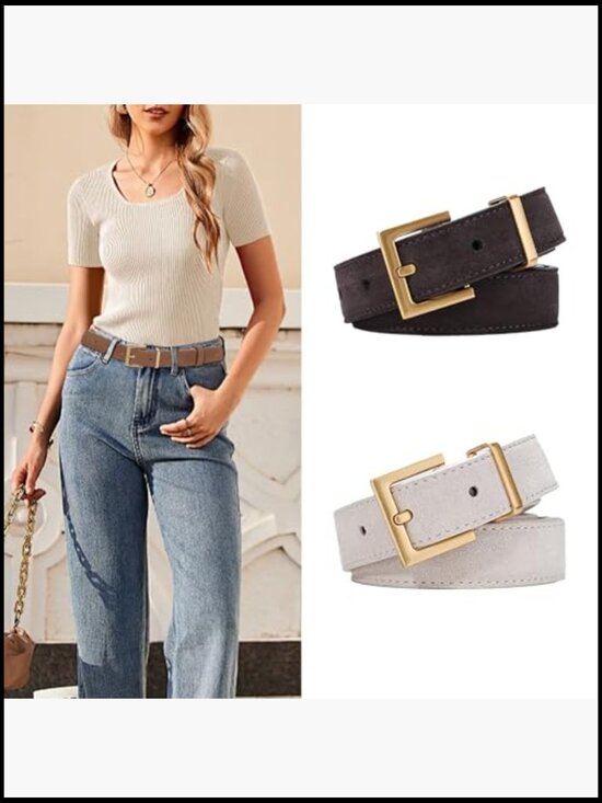 Genuine Suede Leather Belt Gold Buckle Dress Jeans Pants Waist Belt for Women